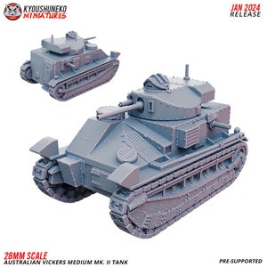 May include: A 28mm scale, grey, plastic model kit of an Australian Vickers Medium Mk. II tank. The tank is in a pose with the turret facing the right side of the image. The tank has a detailed design with visible tracks, wheels, and a gun turret. The text "28MM SCALE" and "AUSTRALIAN VICKERS MEDIUM MK. II TANK" is printed below the tank. The text "JAN 2024 RELEASE" is printed in the upper right corner of the image. The text "PRE-SUPPORTED" is printed in the lower right corner of the image.