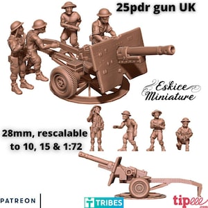 以下が含まれることがあります： 25pdrガンUKモデルは、イギリスの砲兵隊の砲台の精密なミニチュアレプリカです。モデルは28mmスケールで、10、15、1:72スケールにリサイズできます。モデルは茶色のプラスチック製で、複雑なディテールが特徴です。モデルには、茶色のプラスチック製の兵士のミニチュアフィギュア4体も付属しています。