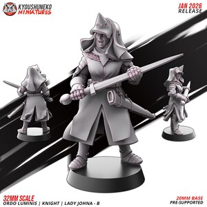 Puede incluir: Una figura en miniatura gris de un caballero, sosteniendo una espada, con casco y armadura. La figura está sobre una base negra. El texto "JAN 2026 RELEASE" es visible. El texto "32MM SCALE" y "ORDO LUMINIS | KNIGHT | LADY JOHNA - B" también es visible.