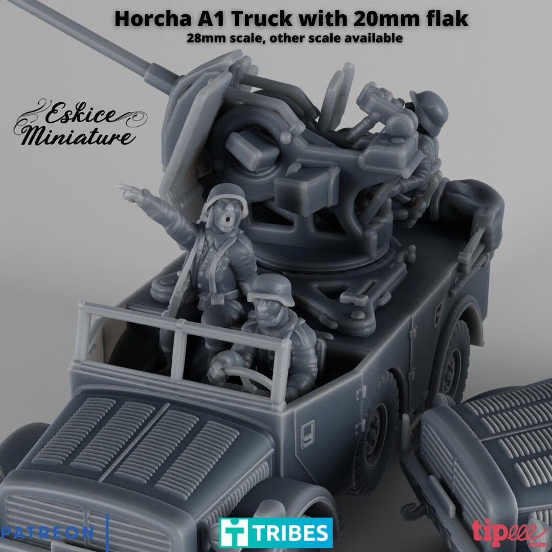 Camion Tedesco Horch A1 WWII Con Contraerea 2cm E Equipaggio, Modello Stampato 3D Per Wargame