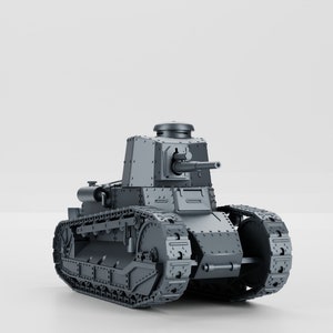 Op de afbeelding: Een grijs metalen model van een tank met een verhoogde geschutskoepel en rupsbanden. De tank staat op een witte achtergrond.
