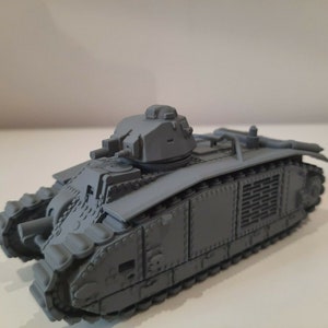May include: A gray plastic model of a French Char B1 tank. The tank has a turret with a gun and a large, rectangular hatch on the top. The tank has tracks on both sides and a large, rectangular engine deck in the back.