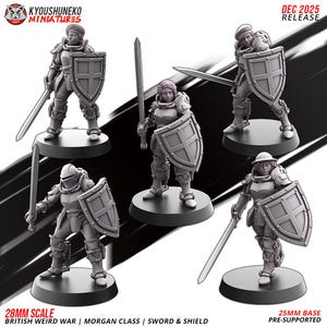 May include: Five grey miniature figures of armoured warriors, each holding a sword and shield. The miniatures are on black bases. Text on the image reads "28MM SCALE BRITISH WEIRD WAR | MORGAN CLASS | SWORD & SHIELD" and "DEC 2025 RELEASE".