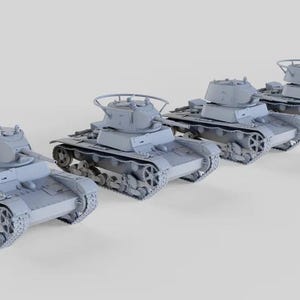 以下が含まれることがあります： 画像の右側に向かって並んだ灰色の戦車の模型が4つあります。戦車は、履帯、車輪、砲塔が詳細に再現されています。戦車は一直線に並んでおり、一番前の戦車は少しだけ視聴者側に寄っています。