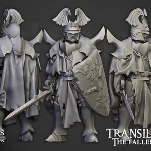 Puede incluir: Tres figuras en miniatura grises de caballeros con armadura, cada uno sosteniendo una espada y un escudo. Los escudos presentan diseños florales. Las figuras son de la colección "Transilvanya The Fallen Realm" de Highlands Miniatures.