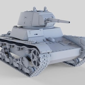 Op de afbeelding: Een grijs model van een tank met een toren en een kanon. De tank heeft rupsbanden en wielen. Het model is gemaakt van plastic en is ongeveer 25 cm lang.