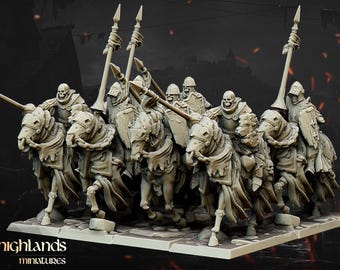 May include: A group of skeletal figures riding skeletal horses, each holding a spear. The figures are wearing armor and helmets. The miniatures are on a stone base. The logo "highlands miniatures" is visible.