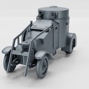 May include: A grey, armoured car model with a rotating turret on top. The car has a ladder on the side and four wheels.