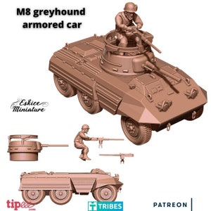Carro blindado Greyhound M8 da Segunda Guerra Mundial com artilheiro, várias escalas, jogos de guerra históricos