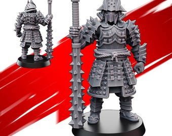 May include: A gray miniature figure of a samurai warrior, holding a spiked club. The figure is clad in detailed armor and helmet. The base is 25mm. The text reads "KYOUSUNEKO MINIATURES", "FEB 2025 RELEASE", "32MM SCALE JAPANESE CRAB CLAN | CHAMPION - OHIDA KISHIDA".