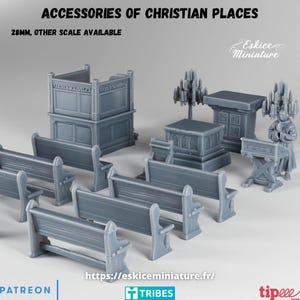 Può includere: Accessori per chiese in miniatura grigi, tra cui banchi, un pulpito e altari. L'immagine include il testo "ACCESSORIES OF CHRISTIAN PLACES" e "28MM, OTHER SCALE AVAILABLE". È visibile anche il logo Eskice Miniature.