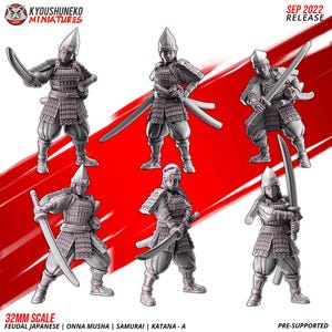 May include: Six grey 32mm scale miniature figures of feudal Japanese samurai warriors, each wearing traditional layered armour, a conical helmet, and loose trousers, depicted in various combat stances while wielding curved katana swords.