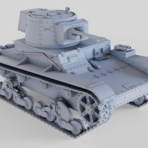 Op de afbeelding: Een grijs model van een tank met een toren en rupsbanden. De tank is gemaakt van plastic en is een schaalmodel.