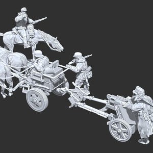May include: A gray plastic model kit of a German World War II artillery piece with two horses pulling a wagon and four soldiers. The gun is mounted on a wheeled carriage and has a long barrel. The soldiers are wearing uniforms and carrying rifles.