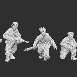 May include: Five miniature plastic figures of soldiers in various poses, wearing military uniforms and holding weapons. The figures are painted in a light grey colour.