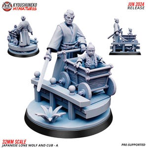 May include: A 32mm scale miniature of a Japanese lone wolf and cub. The wolf is wearing a traditional Japanese robe and carrying a sword. The cub is sitting in a wooden cart. The miniature is pre-supported and ready to be printed.