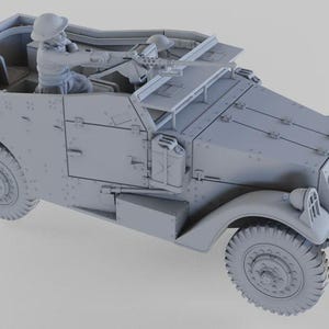 May include: A light grey model of a military vehicle, featuring two figures inside. The vehicle has large tyres, a machine gun, and a front bumper. The model is a detailed representation of a historical armoured car.