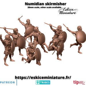 May include: A set of 7 unpainted 28mm scale plastic miniatures depicting Numidian skirmishers, armed with spears and shields. The miniatures are in various poses, ready for battle.  The miniatures are from Eskice Miniature.