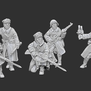 May include: Five grey plastic miniature figures of soldiers wearing winter coats and hats. The figures are holding rifles and other weapons.