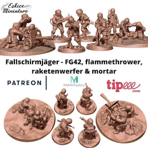 May include: A set of 10 unpainted miniature figures of German paratroopers from World War II. The figures are posed in various combat positions, including firing weapons, carrying equipment, and operating a mortar. The figures are made of plastic and are designed for use in wargaming and tabletop role-playing games.