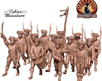 May include: A collection of miniature line infantry figures in uniform, designed for the American Revolutionary War. The figures are in a 28mm scale, with other scales available. The image includes the text "Line infantry in uniform - Serie 1".