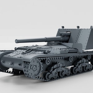 May include: A gray model of a self-propelled howitzer, a type of artillery used in warfare. The howitzer has a long barrel and a large, armored shield.