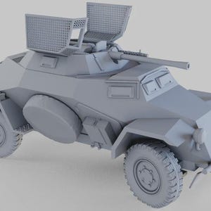 以下が含まれることがあります： グレーの装甲車のモデルで、砲塔と2つのメッシュ構造があります。車両には4つの車輪、スペアタイヤ、フロントバンパーがあります。画像には、長方形のボックスに「NSM」というテキストが含まれています。