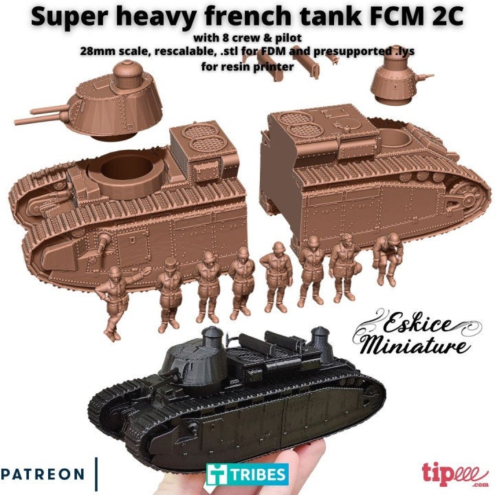 第二次世界大戦のフランス軍 Char 2 FCM 2C と乗員（戦車 1 台、乗員 8