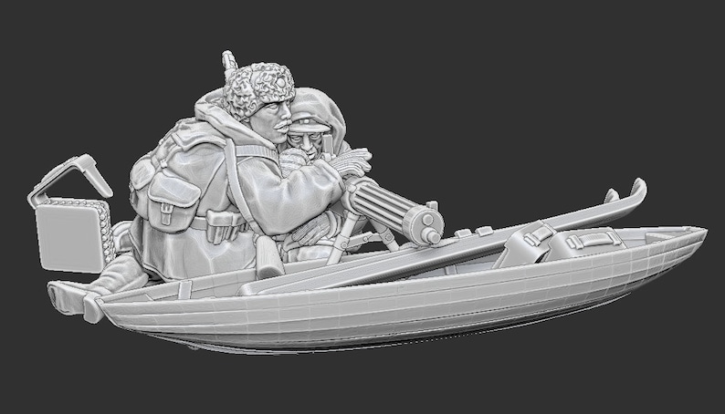 K&ouml;nnte beinhalten: Ein graues 3D-gedrucktes Modell von zwei Soldaten in einem Boot mit einem Maschinengewehr. Die Soldaten tragen Winterkleidung und halten das Maschinengewehr. Das Boot ist auf Skiern.