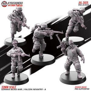 以下が含まれることがあります： 様々なポーズをとる、グレーのミニチュア兵士のフィギュアのコレクション。それぞれがライフルを持っています。フィギュアは黒い円形の台座に立っています。画像には「JUL 2025 RELEASE」、「32MM SCALE GERMAN WEIRD WAR | FALCON INFANTRY - A」、および「25MM BASE PRE-SUPPORTED」というテキストが含まれています。