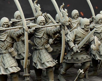 May include: A group of medieval archers in detailed armor, aiming bows. The figures are in a battle formation, with some holding swords and shields. The scene includes a skull pierced by an arrow, suggesting a battlefield.