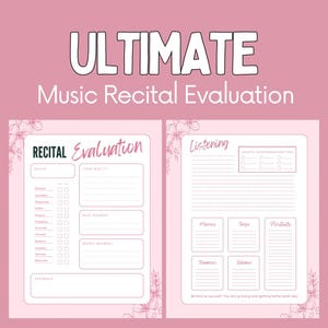 Könnte beinhalten: Rosa Musik-Rezital-Evaluierungsbögen mit floralen Akzenten. Der Text "ULTIMATE Music Recital Evaluation" steht oben. Die Bögen enthalten Abschnitte für Stimmung, Feedback und Notizen zum Zuhören.