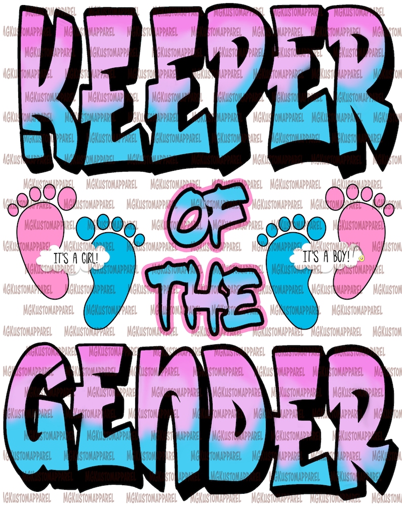 Może przedstawiać: R&oacute;żowo-niebieska grafika ujawniająca płeć z tekstem "Keeper of the Gender" w stylu graffiti. Grafika zawiera ślady st&oacute;p i napisy "It's a Girl!" i "It's a Boy!"