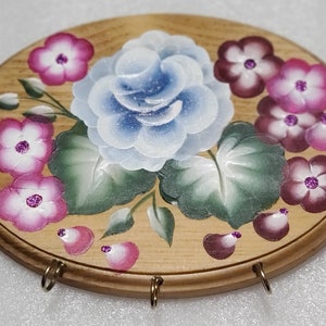 Hand Painted Oval Wooden Wall Hanging with hooks - 9&quot;wide x 6.75&quot; high x .75&quot; deep