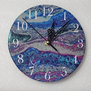 Acrylic Pour 9.25" Round Wooden Clock with high gloss resin