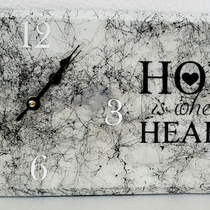 Resin, Wood and Acrylic Wall Clock with white and black marble look and &quot;home is where the heart is saying&quot;