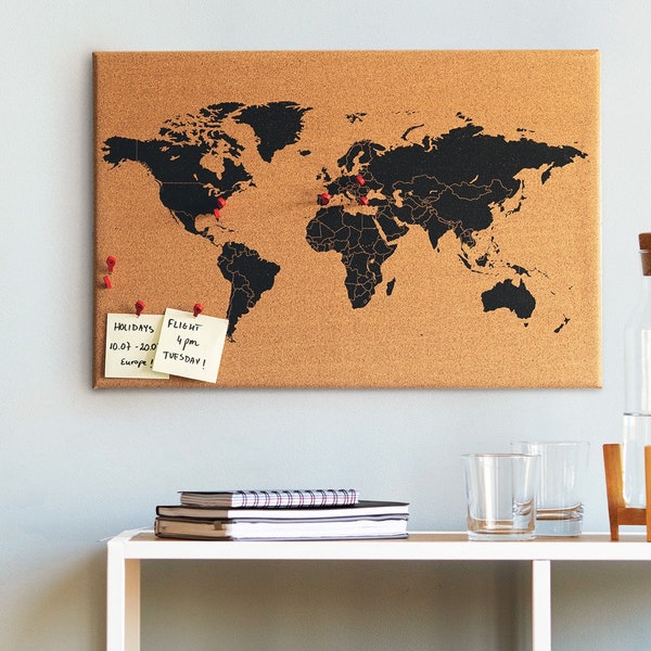 World Map Frameless Cork Board, 60x40 cm