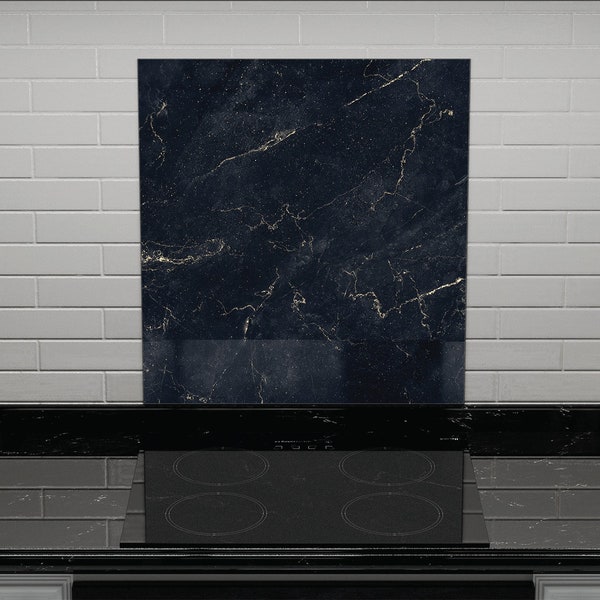 Glass Splashback Kitchen Tile Cooker Panel Black Marble 60x65cm Tempered Glass Heat Resistant Toughened Decorative