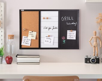 3-in-1 Combination Board: Dry Erase-Magnetic, Magnetic-Chalk, and Cork Board 60x40 cm