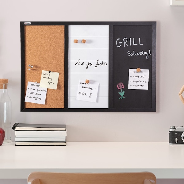 3-in-1 Combination Board: Dry Erase-Magnetic, Magnetic-Chalk, and Cork Board 60x40 cm