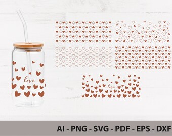 May include: A clear glass water bottle with a brown bamboo lid and a straw. The bottle has a pattern of brown hearts with the word "love" written on one of the hearts. The image also includes several patterns of brown hearts on a white background.