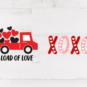 May include: A red truck carrying black and red hearts with the text "LOAD OF LOVE". Next to it, the letters "XOXO" are displayed in red and pink, with white hearts. The design is perfect for Valentine's Day.