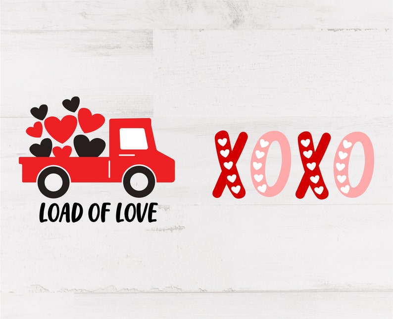 May include: A red truck carrying black and red hearts with the text "LOAD OF LOVE". Next to it, the letters "XOXO" are displayed in red and pink, with white hearts. The design is perfect for Valentine's Day.