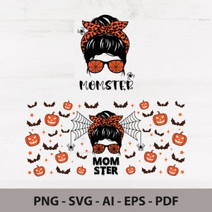 May include: A black and white illustration of a woman with a messy bun and spiderweb glasses. The text "MOMSTER" is written below the image. The image is surrounded by orange pumpkins and bats on a white background.