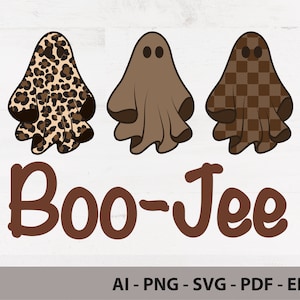 May include: Three ghosts with different patterns: leopard print, brown, and plaid. The text "Boo-Jee" is below the ghosts.