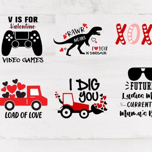 May include: A collection of Valentine's Day-themed graphics in red, black, and white. Designs include a video game controller, a dinosaur, the letters XOXO, a truck, a tractor, and sunglasses, each with related text.