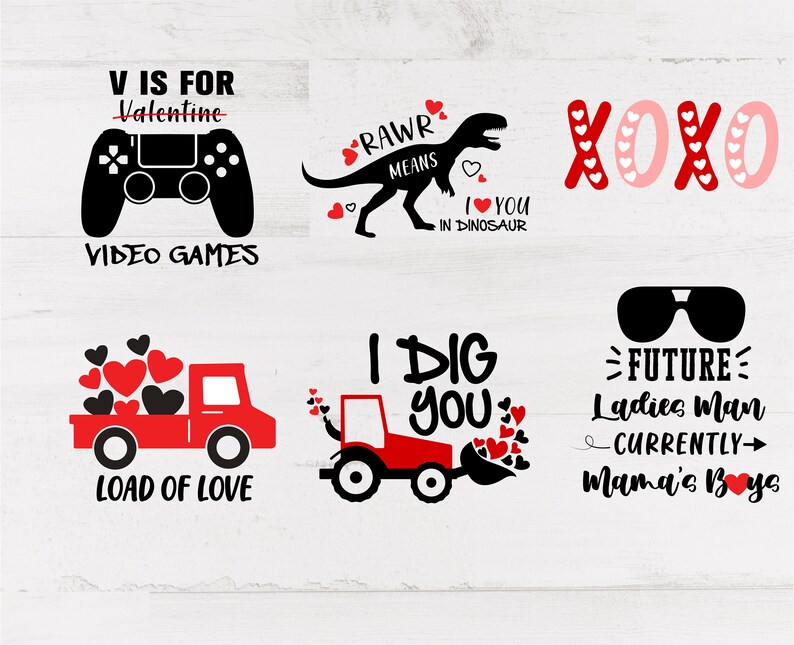 May include: A collection of Valentine's Day-themed graphics in red, black, and white. Designs include a video game controller, a dinosaur, the letters XOXO, a truck, a tractor, and sunglasses, each with related text.