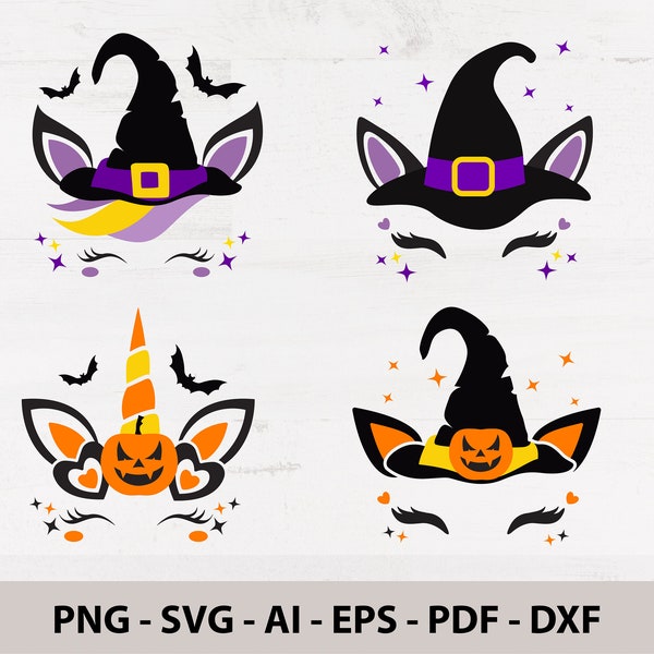 Halloween Unicorn SVG PNG Sublimation, Unicorn Hat, Unicorn Face Cute with Bats Girl Birthday Pumpkin Ready for Shirt Print and Sublimation