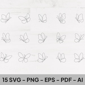 Può includere: Una collezione di quindici disegni minimalisti di farfalle in stile line art. Le farfalle sono raffigurate in varie pose, con linee delicate che formano le loro ali e i loro corpi. L'immagine include il testo "15 SVG - PNG - EPS - PDF - AI".