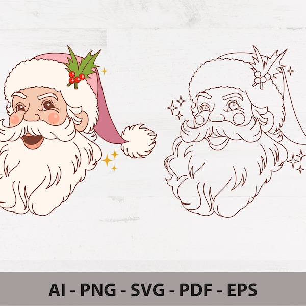 Retro Pink Santa Claus SVG PNG, Christmas SVG, Christmas Vintage Outline. Christmas Sublimation for Shirt, Cricut Cut files - Santa Line Art